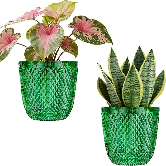 QCQHDU 2 Pack Self Watering Pots, 5.7 Inch Flower Pots with Drainage Holes and Water Filling Port, Garden Planter for Indoor Outdoor Plants (Emerald)