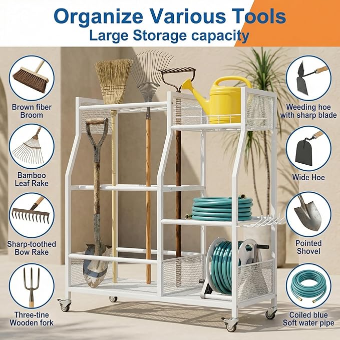 HOTEAGLE Yard Tool Organizer for Garage 35.4" Width High Stability Outdoor Metal Utility Rolling Cart with Mute Wheels, 18.5mm Thick Rods Ideal Garden Tool Rack, Easy to Clean,White