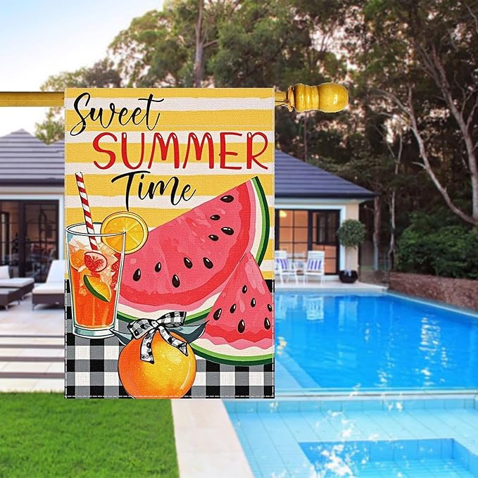 Sweet Summer Time Garden Flag Watermelon Buffalo Plaid 28 X 40 Inch Welcome Small Flags for Outside, Fruit Double Sided Burlap Juice Lemon Holiday Seasonal Banner Farmhouse Outdoor Yard Decoration