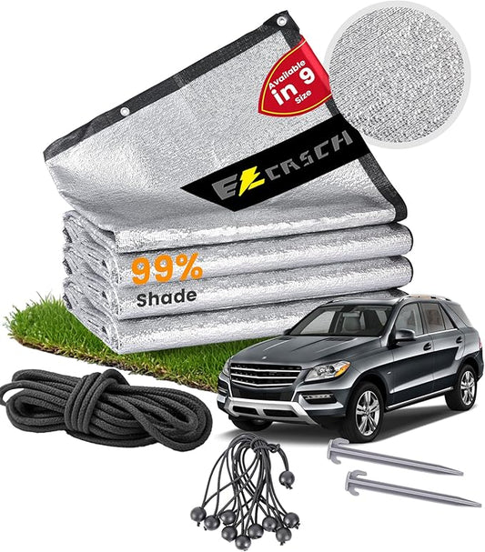 99% Aluminet Shade Cloth 10'x12' Aluminum Shade Cloth Heat Protection Reflective Tarp Aluminet Car Shade with Elastic Cord & Nylon & Rope Nails Suitable for UV Protection for Outdoor Use