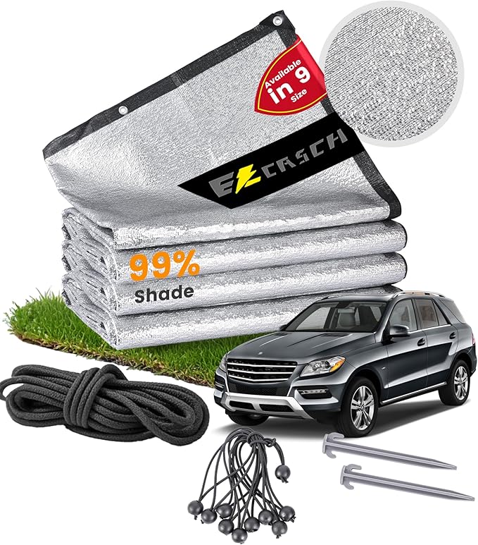 99% Aluminet Shade Cloth 10'x20' Aluminum Shade Cloth Heat Protection Reflective Tarp Aluminet Car Shade with Elastic Cord & Nylon & Rope Nails Suitable for UV Protection for Outdoor Use