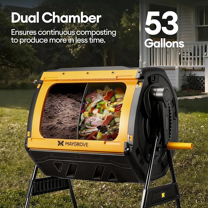 Maygrove Outdoor Compost Bin 53 Gallon, Dual Chamber Large Compost Tumbler for Garden Backyard, with 360° Rotating, Sliding Doors & Solid Steel Frame