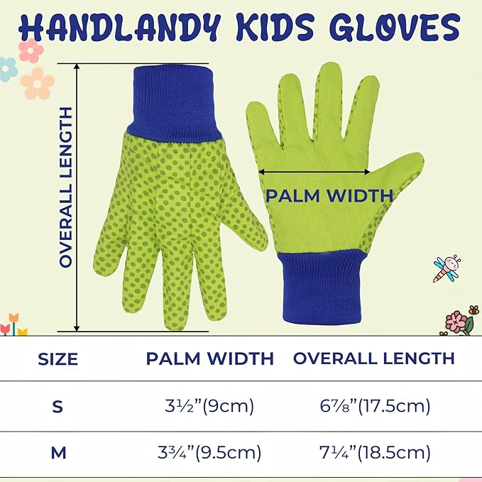 HANDLANDY 4 Pairs Kids Gardening Gloves, Girls Boys Children Garden Work Play Gloves (Green Dot, Medium)