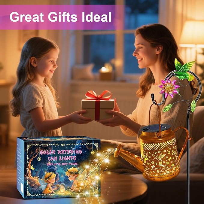 VOOKRY 2 Pack Hummingbird Metal Solar Watering Can Lights, Solar Lights Outdoor Waterproof, Gifts for Women Mom Mother's Day, Hanging Lanterns Decorative Garden Decor for Outside Yard Patio Lawn