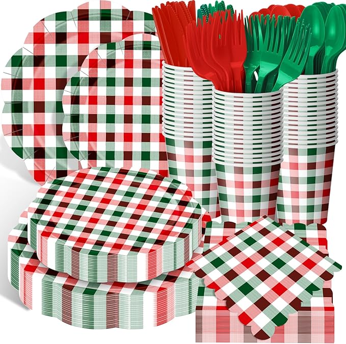Funnymoom 400 Pcs Christmas Party Supplies for 50 Guests Gingham Paper Plates and Napkins Knives Spoon Fork Cup Disposable Checkered Dinner Party Cutlery for Baby Shower Wedding Favor (Red and Green)