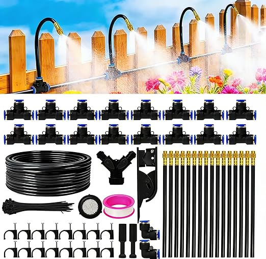 100FT Drip Irrigation System, 5/16" Hose Solves Dry End, 360° Adjustable Copper Nozzles Garden Watering System, Automatic Misting Irrigation Kit for Greenhouse, Yard, Lawn, Plants