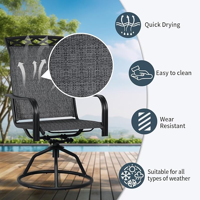 SHGJ&SOFT Patio Swivel Chairs, Waterproof Outdoor Dining Chairs with All-Weather Textilene Mesh for Deck, Garden, and Backyard (Patterned Backrest-Grey, Set of 8)