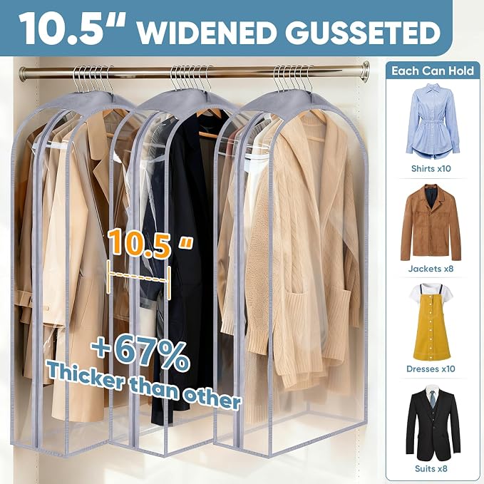 BALEINE 3PK Clear Garment Bags for Hanging Clothes, 60" Dress Suit Bag