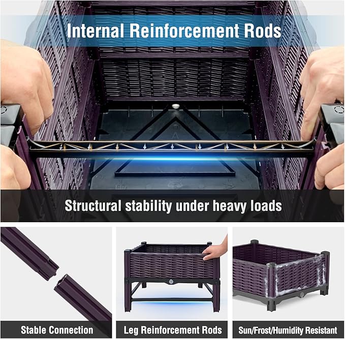 Raised Garden Bed with Reinforcement Rods Elevated Planter Boxes for Outdoor Plants with Drainage Holes for Flowers Vegetables Herbs Patio Backyard Deck Balcony,Purple