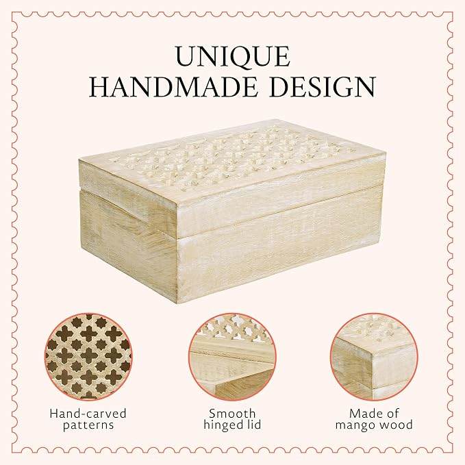 Mela Artisans Trellis Mango Wood Storage Box - Whitewash, 7.5x4.5 in | Hand-carved wooden jewelry box designed for keeping family keepsakes, daily accessories and premium home decor accents.