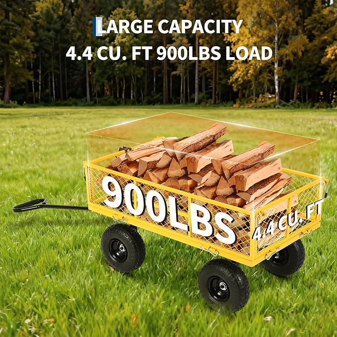 900 Lbs Heavy Duty Steel Garden Cart, Garden Wagon Cart on Wheels, Outdoor Metal Yard Utility Wagon Carts with and Mesh Removable Sides and 180°Rotating Handle,Yellow