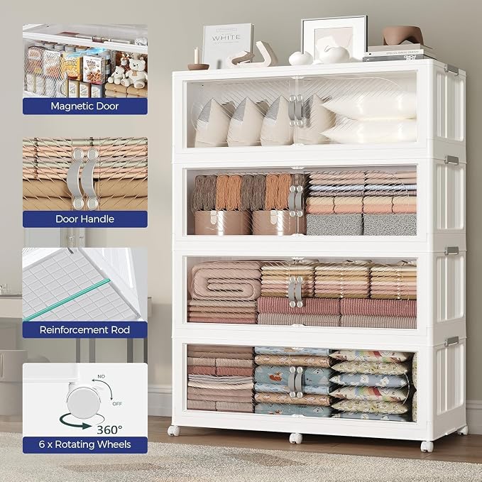 720QT Extra Large Stackable Storage Bins with Lid, 180Gal Plastic Closet Organizers and Storage Drawer, Collapsible Cabinet Box with Wheels Clear Doors for Home Kitchen Garage, 3Pack White
