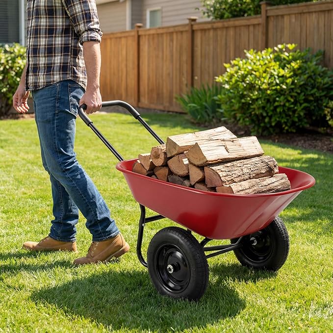Enlarged Dual-Wheel Wheelbarrow, Easy Loading and Dumping Garden Cart, Heavy Duty Utility Dump Cart for Lawn, Yard, Farm, Gardening & Planting (Red)