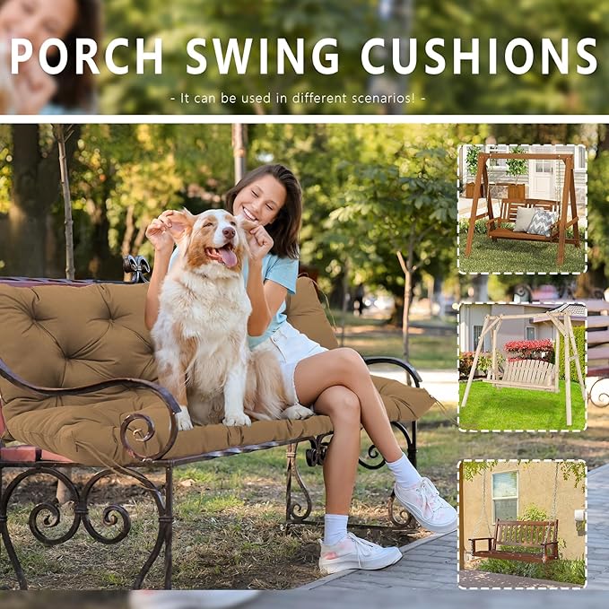 Outdoor Porch Swing Cushions Waterproof 2 Seater Extra 5" Thick Replacement Cushions with Backrest, Ties, Non-Slip Patio Furniture Cushions for Garden, Backyard(Brown 48×40×5inch)