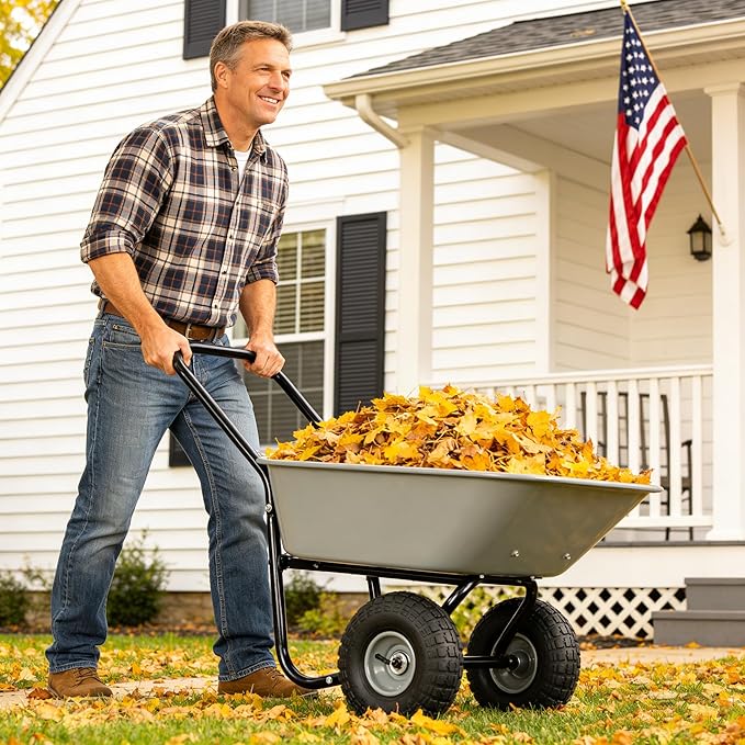 Heavy-Duty Two-Wheeled Garden Barrow with 10-Inch Pneumatic Wheels, 35L Large Capacity Leakproof Wheelbarrow for Farm, Lawn & Warehouse Use (Gray)