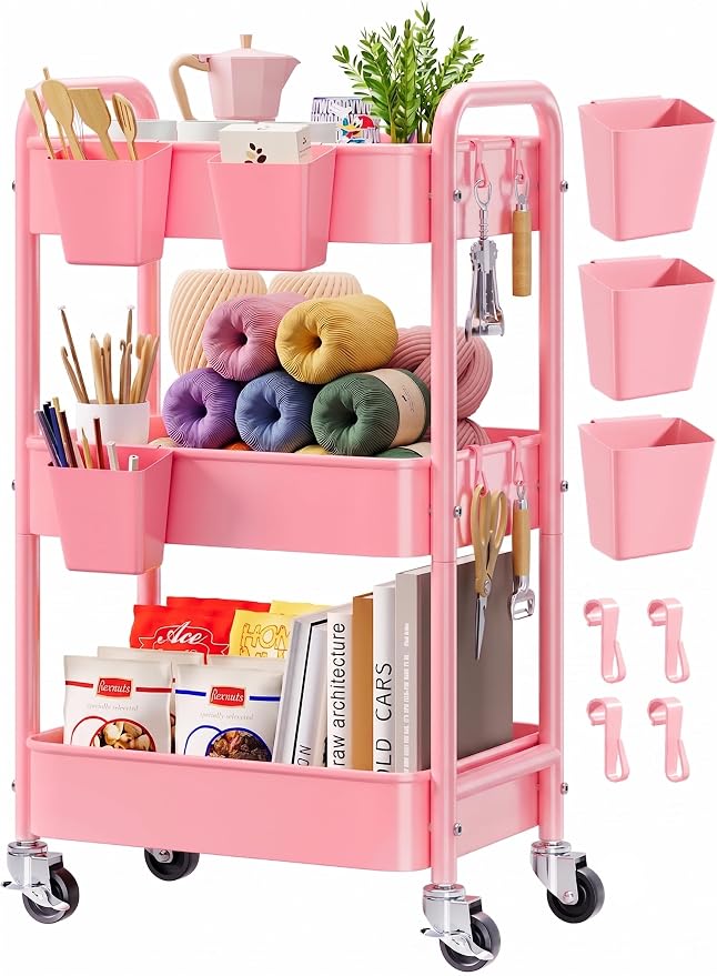 3 Tier Rolling Cart Metal with Lockable Wheels,Pink Baby Diaper Caddy Carts
