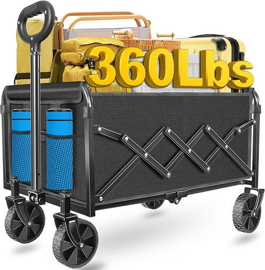 Wagons Carts Foldable, Collapsible Wagon with Wheels — Foldable Wagon for Groceries,Picnic,Beach,Camping, Small Hauls, Apartment Moving Storage, Portable Utility Folding Wagon Cart, 360lbs, Black