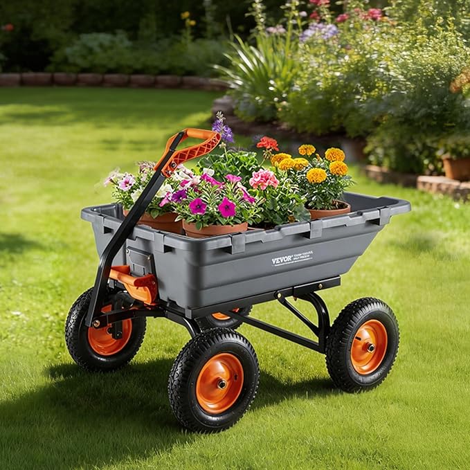 VEVOR 10 Cu.Ft 1500LBS Poly Garden Cart Dump Wagon, Heavy Duty Wheelbarrow with Convertible Handle and 16" Flat Free Tires, Outdoor Yard Wagon ATV Trailer Dump Cart Tow Behind for Lawn Mower Tractor