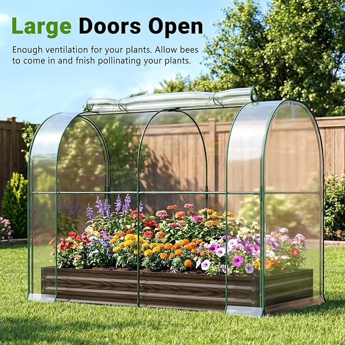 DoCred Galvanized Raised Garden Bed with PVC Cover, 84.6" x 45.3" x 47.2" Metal Planter Bottomless Box w/ Roll-Up Window, Mini Greenhouse Tent for Outdoor Growing Vegetables Flower Fruit