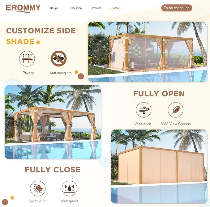 EROMMY Louvered Pergola 12x20, Outdoor Aluminum Pergola with Adjustable Rainproof Roof for Garden, Patio, Deck, Waterproof Curtains and Netting Included, Wood Grain
