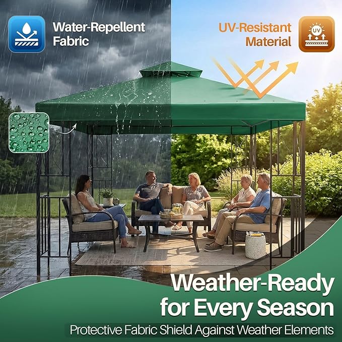 Flexzion Gazebo Cover Replacement Canopy Top 10x10 Ft (3m x 3m) - Double Tier Top Canopy Cover Replacement with UV30+, Dirt, Water Resistant for Outdoor, Sunshade, Garden, Patio, Pavilion (Green)