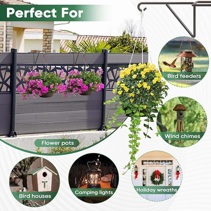 4 Pack Vinyl Fence Hooks, Heavy Duty Durable Brown Fence Plant Hangers for Outdoor, Patio Hooks, Over The Fence Hook for Hanging Plants, Flower Baskets, Bird feeders, Lights, Pool Equipment