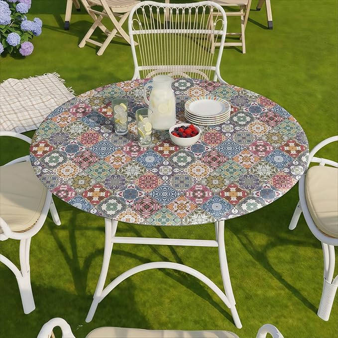 Fitted Vintage Round Tablecloth for 36-44" Tables Earthy Stain Resistant Vinyl Mantel Para Mesa Redonda Apartment Kitchen Organizers Camping Picnic List Women Men Cool Practical Gift Ideas
