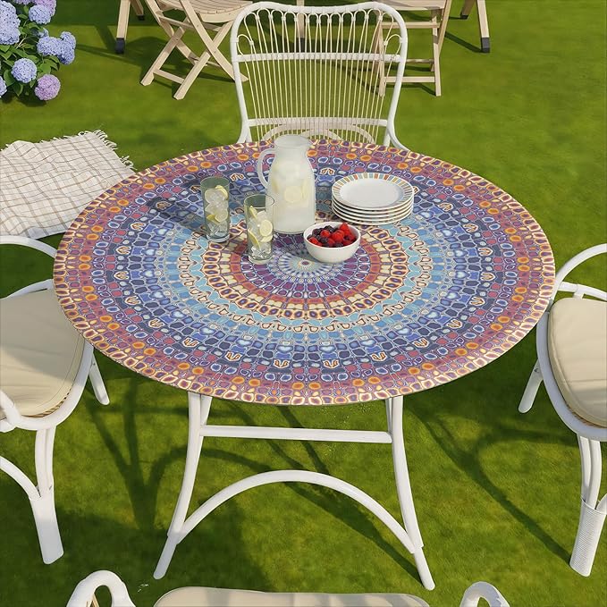Fitted Round Tablecloth Small Bohemian Vinyl Patio Table Cloths for 45-54" Tables Travel Vacation Camper Accessories Living Room New HomeHouse Decorations Outdoor Road Trip Must Haves