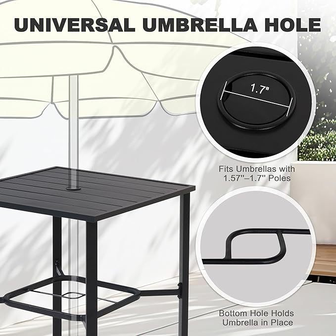 NUU GARDEN 5 Piece Patio Swivel Bar Set, All-Weather Textilene High Bistro Stools, Square Bar Table with Slatted Tabletop and Umbrella Hole for Sunroom, Backyard and Balcony