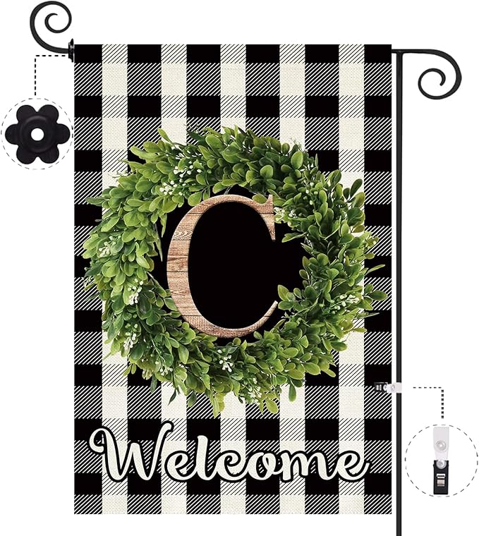 Baccessor Monogram Letter C Garden Flag 12.5 x 18 Inch, Buffalo Plaid Family Last Name Initial Boxwood Wreath Welcome Vertical Double Sided Small Flags for Outdoor Outside Decoration