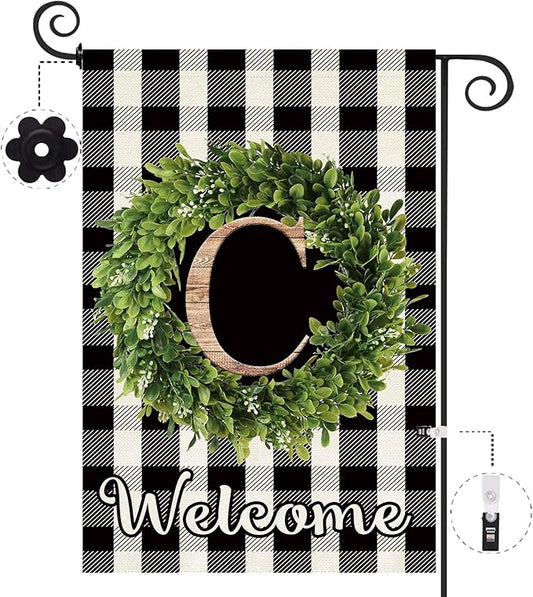 Baccessor Monogram Letter C Garden Flag 12.5 x 18 Inch, Buffalo Plaid Family Last Name Initial Boxwood Wreath Welcome Vertical Double Sided Small Flags for Outdoor Outside Decoration