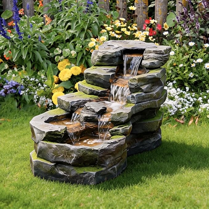 Sunlinua Garden Water Fountain Outdoor Feature, 5-Tier Rock Water Fall Fountains, Natural Waterfall Outdoor Fountains with Pump, LED Lights for Patio, Porch, Home Art Decor, 18 inch Length