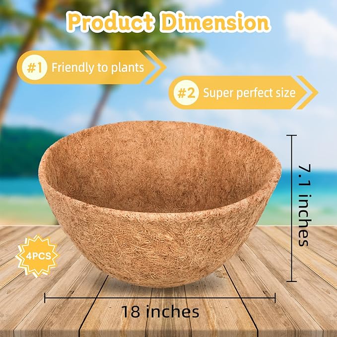 Riare 4 Pack 18 Inch Round Coco Liners Replacement, 100% Natural Coconut Coir Liners for Hanging Baskets, Garden Flower Vegetables Planter Pot, Window Box, Fence, Decks