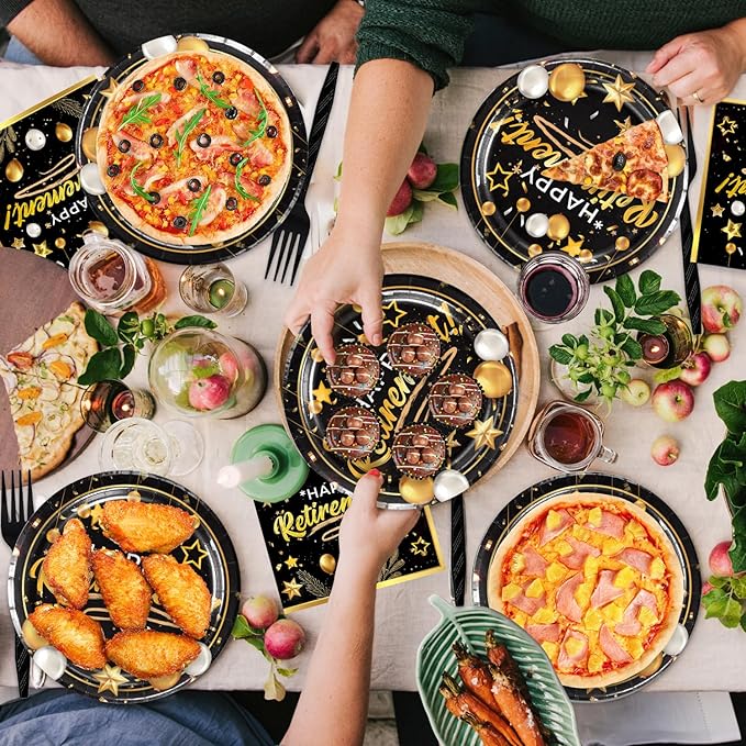48Pcs Black and Gold Retirement Party Supplies Happy Retirement Party Plates Napkins and Forks Decorations Set for 16 Guests