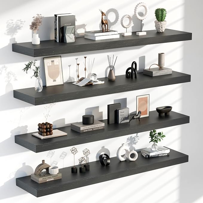 60 Inch Floating Shelves for Wall, Set of 4 | Wood Wall Mounted Shelves with Invisible Brackets, Rustic Farmhouse Long Shelf for Bedroom Living Room Kitchen (Black)