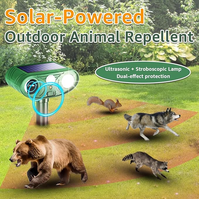 Solar Ultrasonic Animal Repellent Outdoor with Motion Sensor Strobe Light Deer Repellent Devices for Squirrel Rats Snakes Rabbit 25KHZ Silent Deterrent Dual Mode Yard Garden Lawn Pest Control 1PC