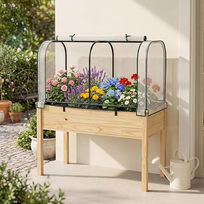 Giantex Raised Garden Bed with Cover, Wood Elevated Planter Box with Legs & Mini Greenhouse, Waterproof Sun-Protective PE Green House Cover, Outdoor Use for Fruit Vegetable Flower Herb (White+Natural)