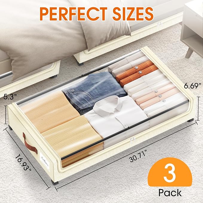 Under Bed Storage with Wheels 3Pack Storage Containers with Clear Window