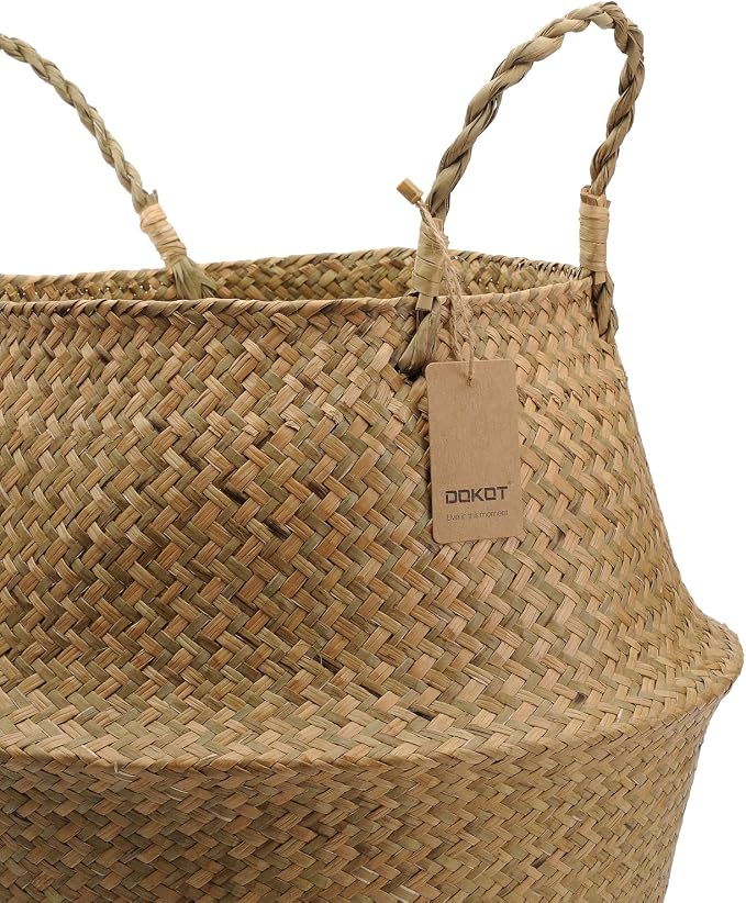 Extra Large Seagrass Plant Basket with Handles, Wicker Woven Storage Basket (14.1“ Diameter x 13.8" Height), Natural)