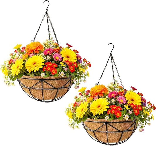 2 Pack 12 Inch Metal Outdoor Hanging Baskets Black Heavy Duty Hanging Planters with Coco Liners for Indoor Outdoor Plants Gardens Patios Terraces（Geometric）