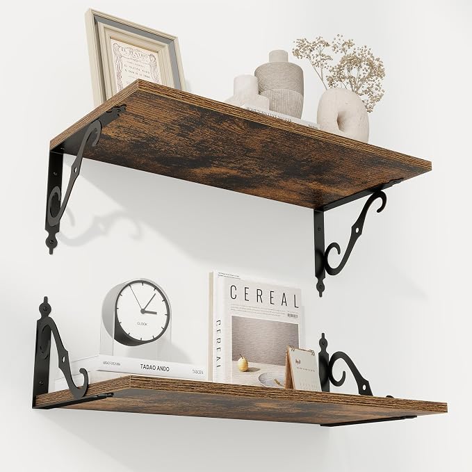 RICHFOCUS 12 Inch Deep Floating Shelves for Wall, 24" W x 12" D Wood Wall Shelves Set of 2, Wide Floating Shelves for Living Room, Bedroom, Kitchen, Bathroom and Decor Storage, Rustic Brown