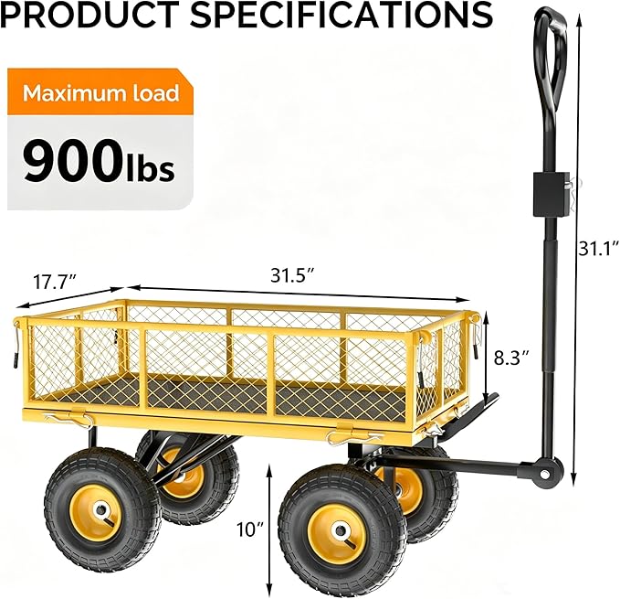 VINGLI Heavy Duty 900 LBS Mesh Steel Garden Cart, Dump Detachable Utility Wheelbarrow, Yard and Garden Wagon Cart with Removable Sides and 10 Inch Wheels(Yellow)