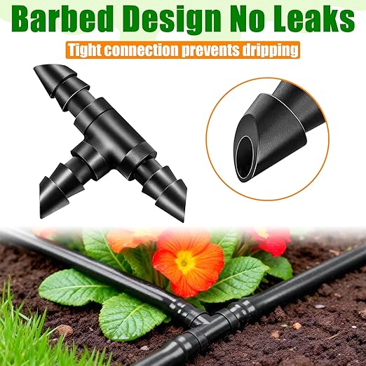 60 Pack Drip Irrigation 1/4" Barbed Tee Fittings, Drip Line Barbed T Connectors for 1/4 Inch Irrigation Tubing Micro Irrigation Connection Parts for Garden Sprinkler Systems