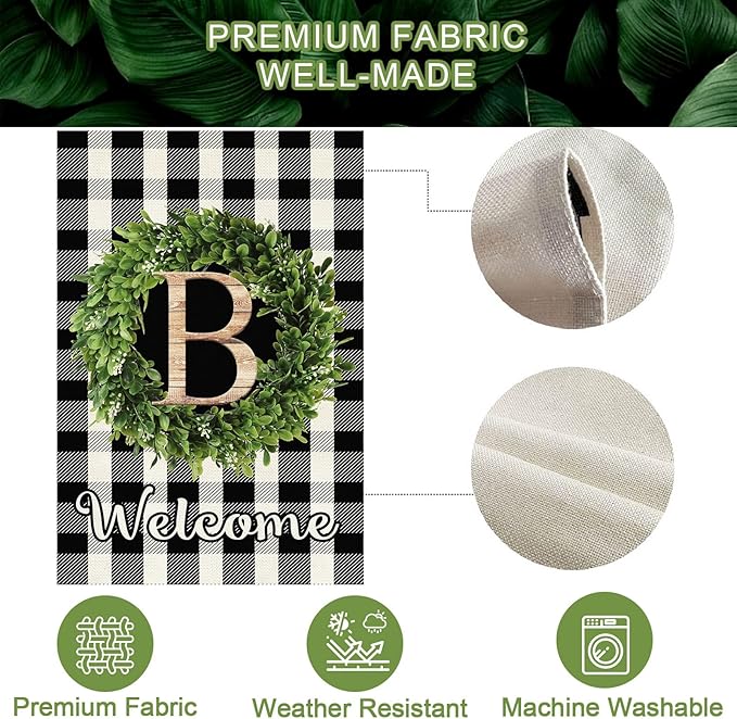 Baccessor Monogram Letter B Garden Flag 28 x 40 Inch, Buffalo Plaid Family Last Name Initial Boxwood Wreath Welcome Vertical Double Sided Large Flags for Outdoor Outside Decoration