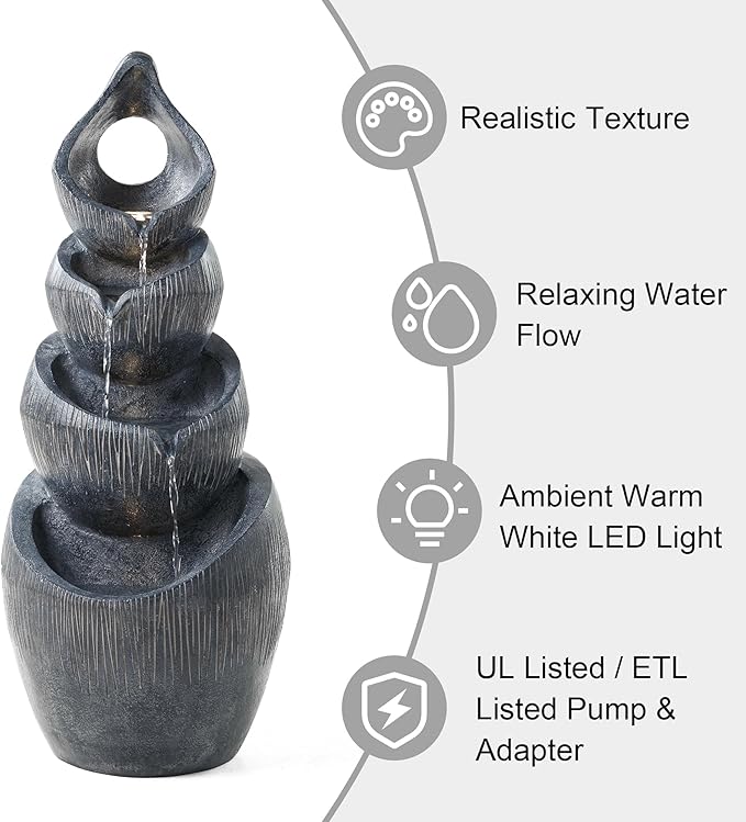 Glitzhome Outdoor Fountain with Lights & Pump, 34" H 4-Tiered Cascading Zen-Style Water Fountain Outdoor, Alms Bowl Polyresin Waterfall Water Feature for Garden, Patio, Yard, Deck Decor