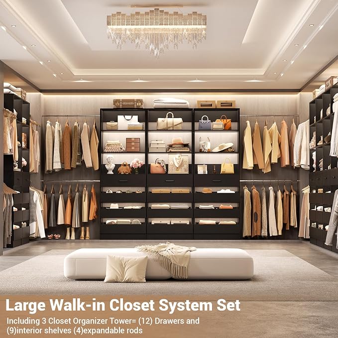 Aheaplus Closet System with 12 Drawers, 8.5-11.5Ft Wood Closet Organizer