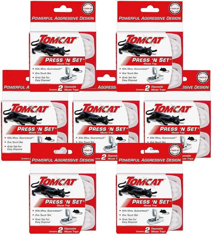 Tomcat Press 'N Set Mouse Trap, 2 Traps/Pack (7-Pack) | Plastic Spring-Loaded Mouse Killer with Grab Tab, 7 Packages Each with 2 Traps