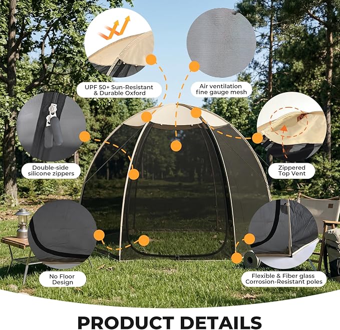 Alvantor® Pop Up Screen House Tent, Snap-fit Mesh Screen Gazebo with Peaked Roof, Portable Screen Room Canopy Shelter with Sandbags for Camping, Backyard, Picnic