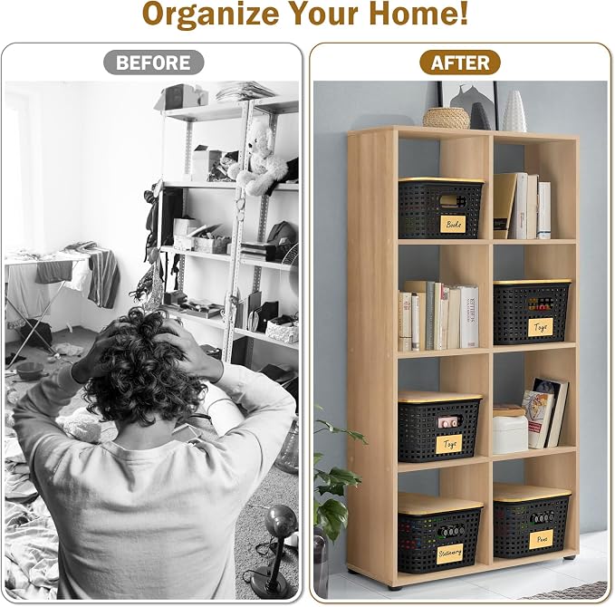Stackable Storage Baskets: 8 Pack Plastic Baskets Bins, Black | Decorative Baskets for Organizing, Pantry Decorative Containers for Closets, Cabinets, Shelves