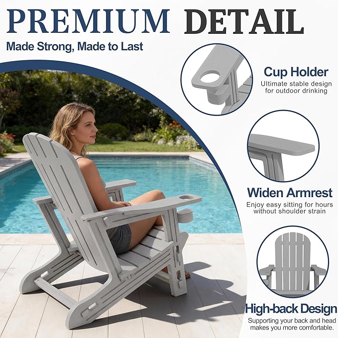 Vongrasig Adirondack Chairs Set of 2 with Removable Tabletop, Outdoor HDPE Plastic Fire Pit Chair Set with Wooden Textured, Cup Holder for Patio, Poolside, Deck, Garden, Light Grey, 3 Pieces